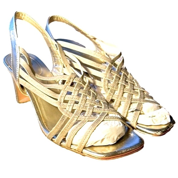 Women’s Metallic Gold Strappy Heeled Sandals Size 8 Bandolina 2” Heel - Picture 1 of 7